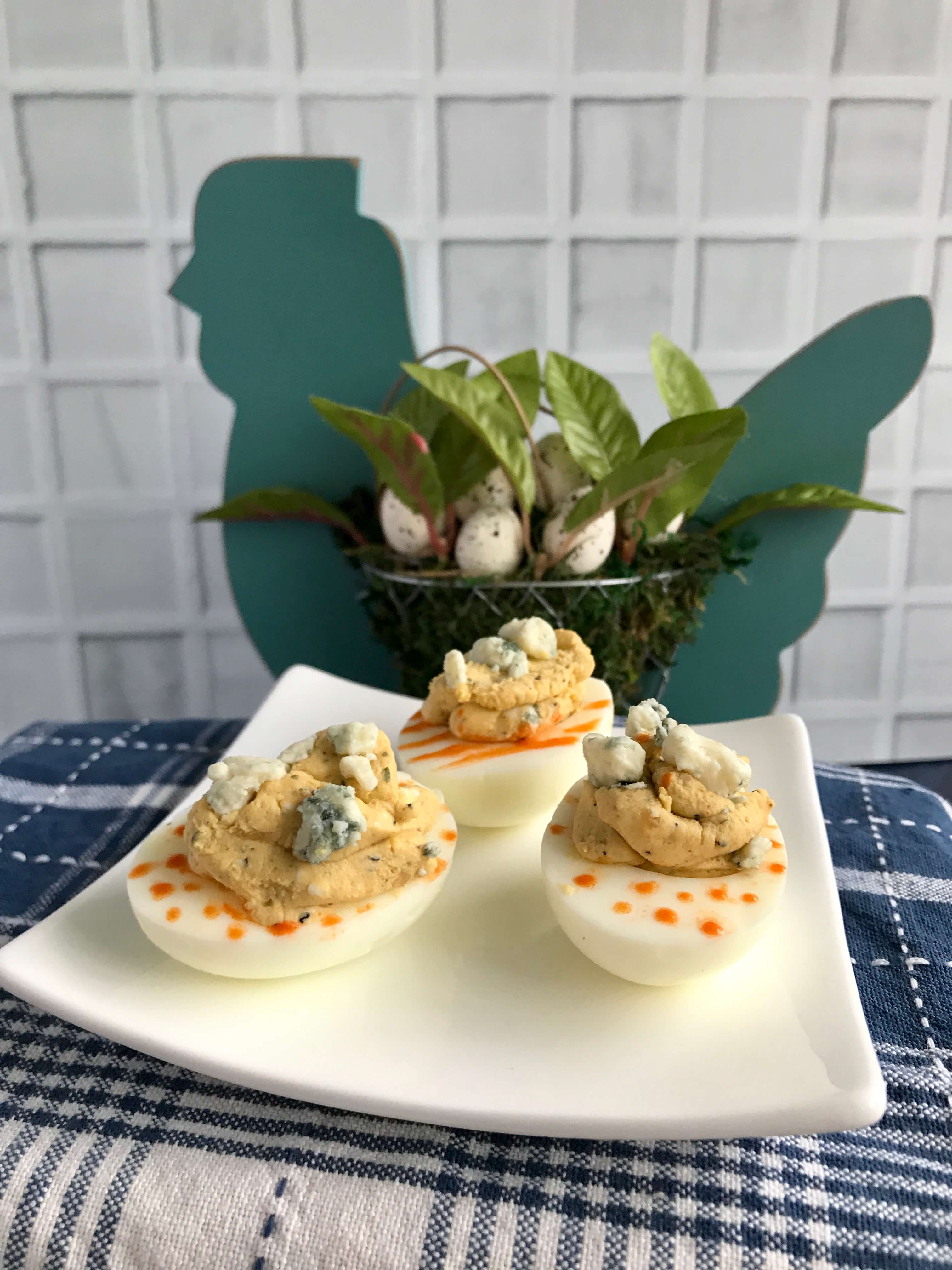 Buffalo Blue Cheese Deviled Eggs | Spicy Deviled Eggs Recipe | Easter Hardboiled Egg Leftovers | Nutrition Nuptials | Mandy Enright MS RDN RYT