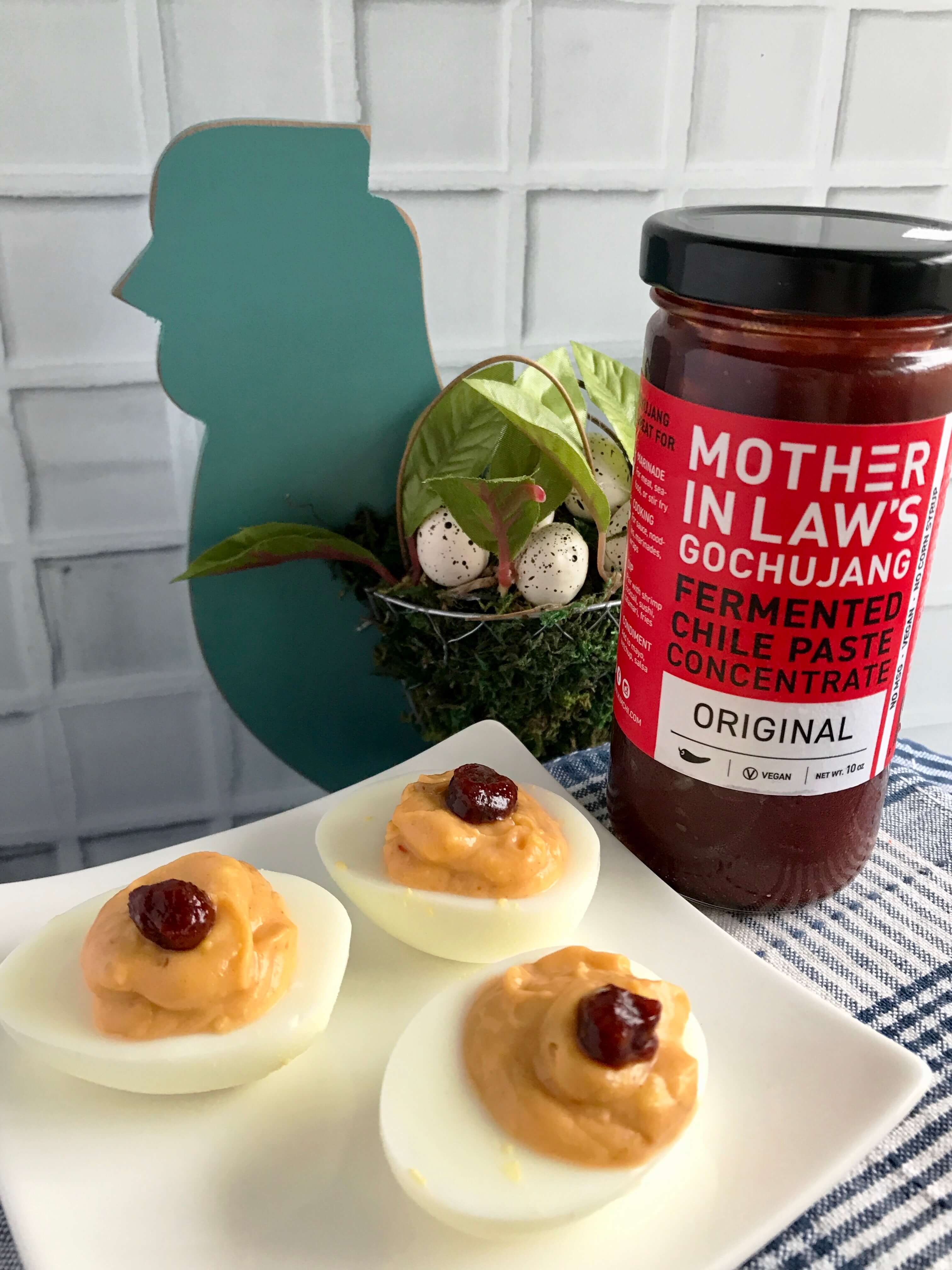 Sweet & Spicy Thai Chili Deviled Eggs with Gochujang | Spicy Deviled Eggs Recipe | Easter Hardboiled Egg Leftovers | Nutrition Nuptials | Mandy Enright MS RDN RYT